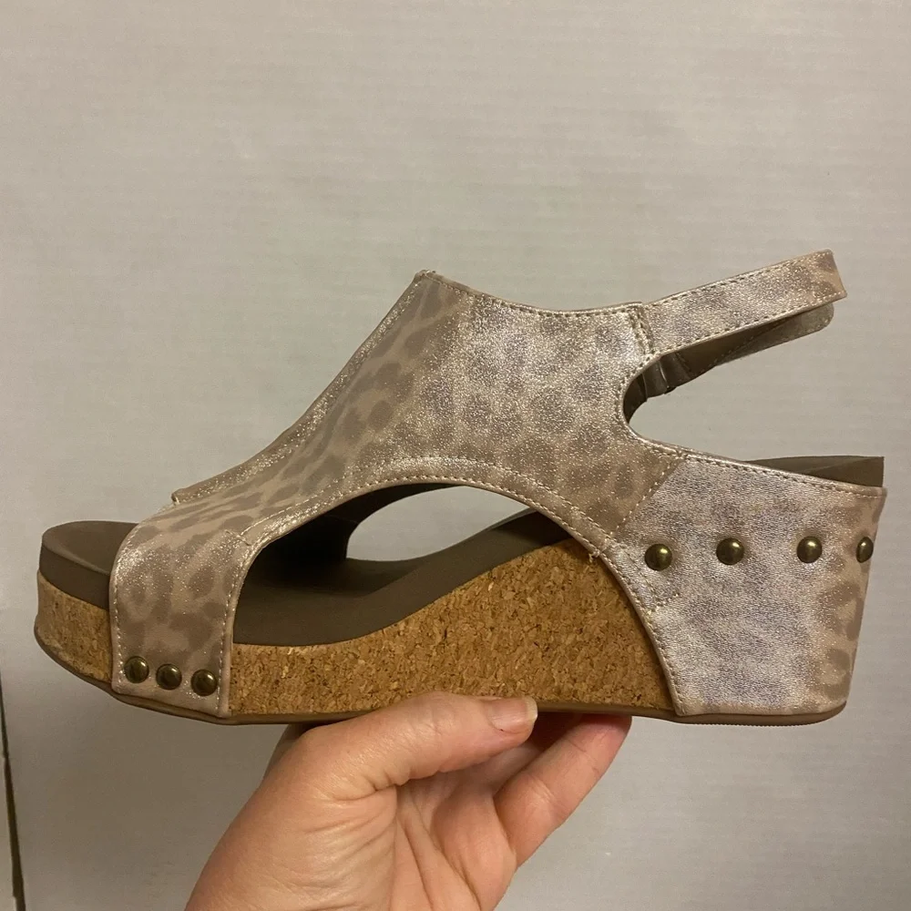 Corkys Carly Tan Leopard Wedge Sandals